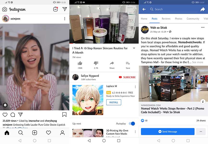 Influencer marketing (L-R): Instagram, YouTube, Facebook
